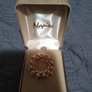 Vintage Napier Faux Pearl Gold tone Circle Pin